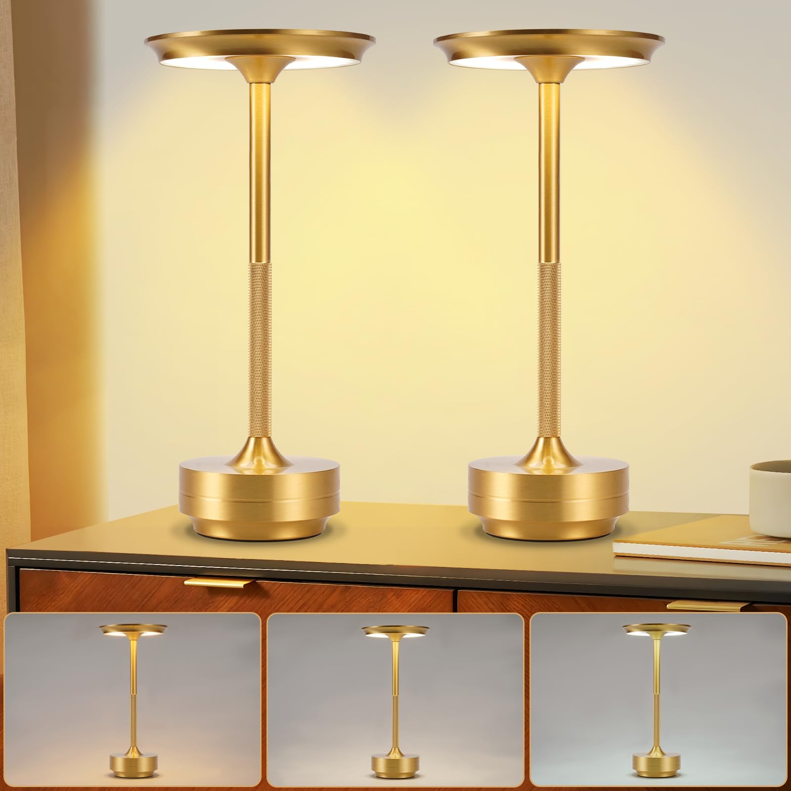 meoaow Nachttischlampe Kabellos Tischlampe Akku - LED Tischleuchte Touch Dimmbar Lampe 2er Set mit USB Aufladbar Batterie Tischlampen Gold für Modern Fensterbank Wohnzimmer Kinderzimmer Schlafzimmer