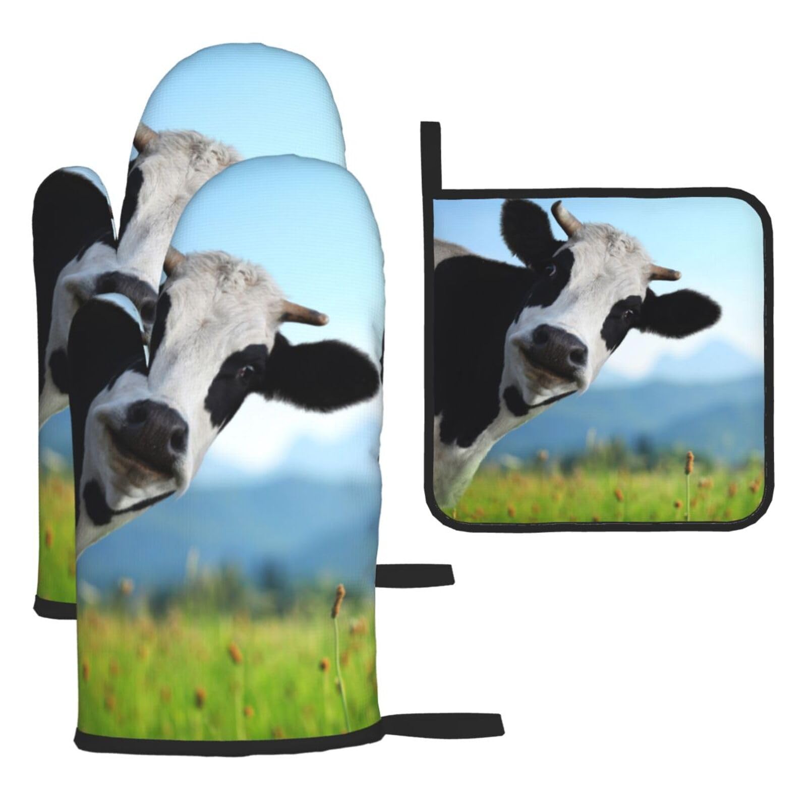 Cute Cow Heat-Resistant Oven Gloves And Pot Holders.With Lanyard,Waterproof And Durable. Used In Kitchen,Barbecue And Baking.
