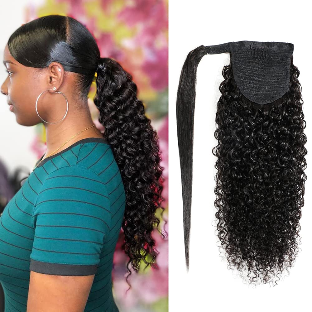 ALISFEEL Wrap Around Kinky Curly Ponytail Human Hair for Black Women Magic Paste 100% Unprocessed Human Hair Pony Tail with Clip Remy Brazilian Curly