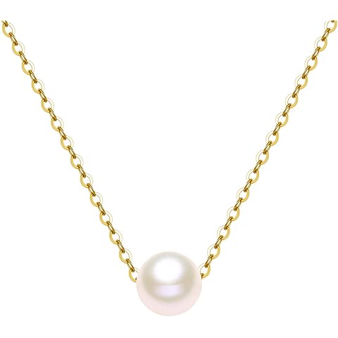 14K Solid Gold Pearl Necklace for Women, Real Freshwater Cultured Pearl Pendant Necklace 7.5mm Dainty Single Sliding Pearl Design Adjustable Necklaces Fine Jewelry Gift for Her, Mom, Wife 16
