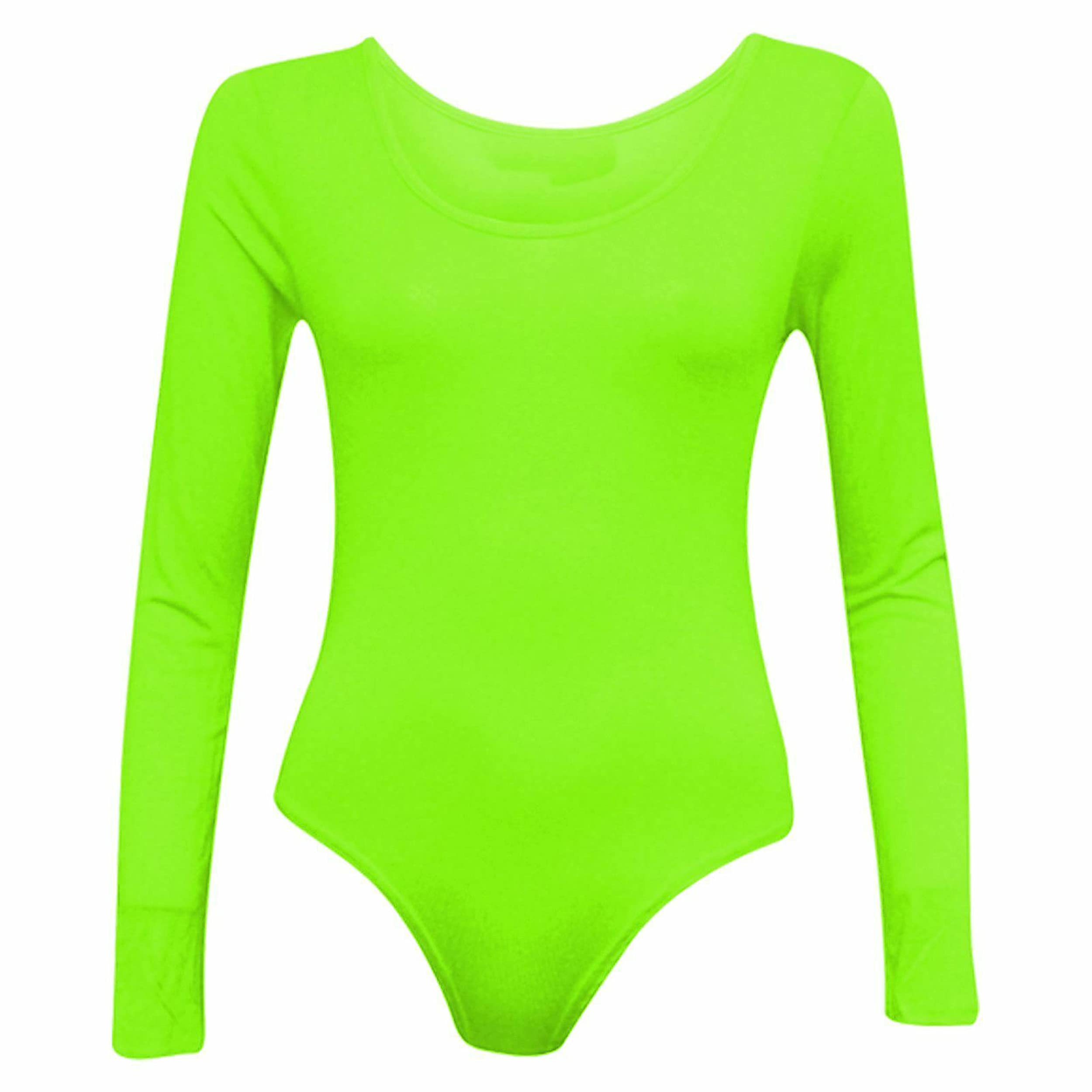 Red Olives® Womens Ladies Plain Long Sleeve Scoop Neck Leotard Top Bodysuit UK 8-14 (8-10, Neon Green)