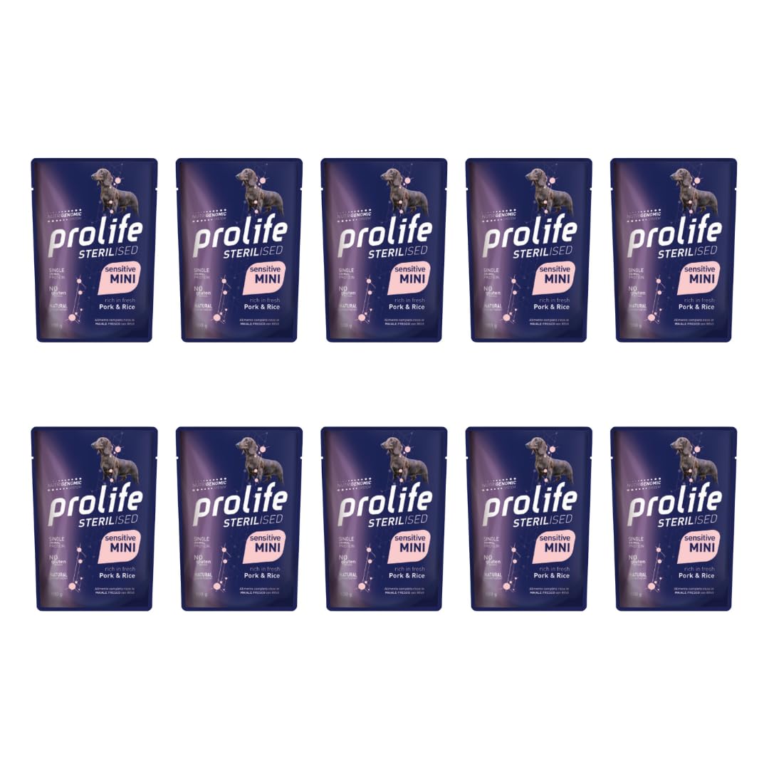 Confezione da 10 bustine di PROLIFE STERILISED SENSITIVE ADULT MAIALE E RISO MINI. 100GR