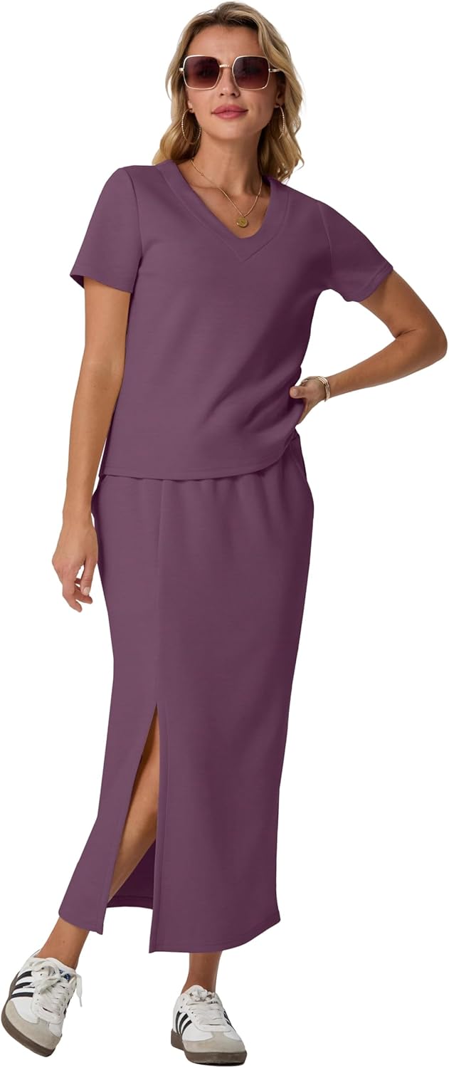 GRECERELLE Women Summer Casual 2 Piece Sets V-Neck Wrinkle-Free Top & Elastic Waist Midi Side Slit Skirt with Pockets - Image 5
