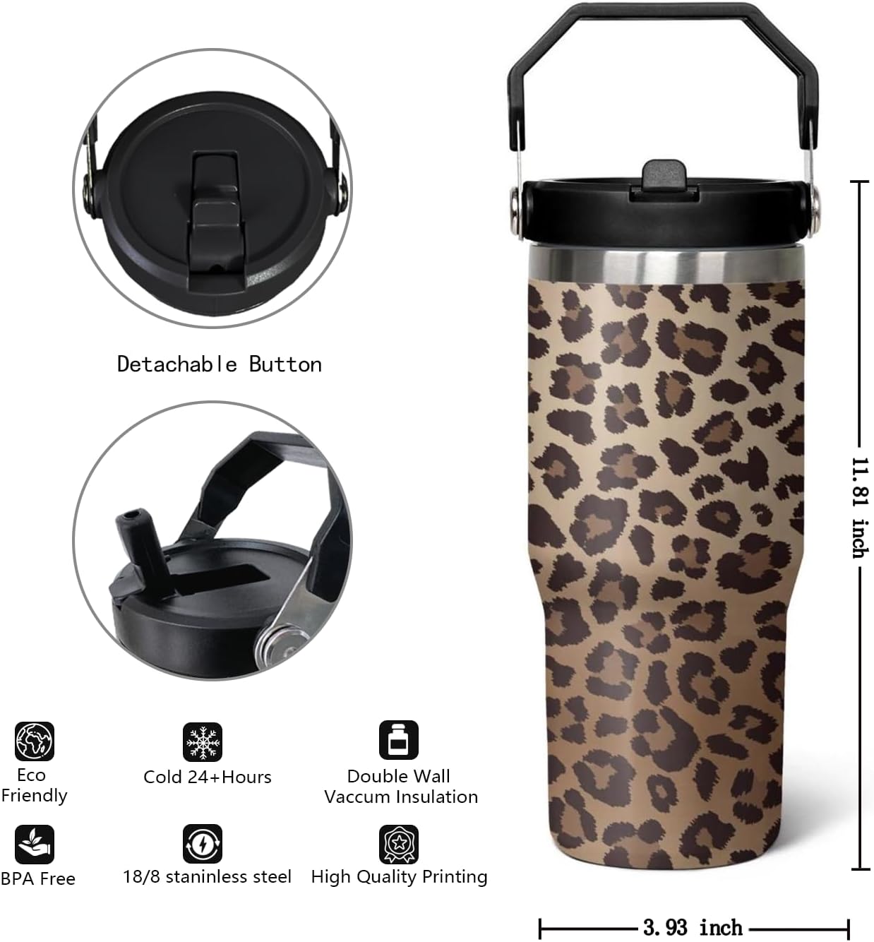 30 oz Tumbler With Handle,Leopard Print Skinny Vacuum Insulated Tumbler With Flip Straw,Cute Cheetah Print Cups Water Bottle CoffeeTravel Tumbler, Leopard Decor/Accessories for Women