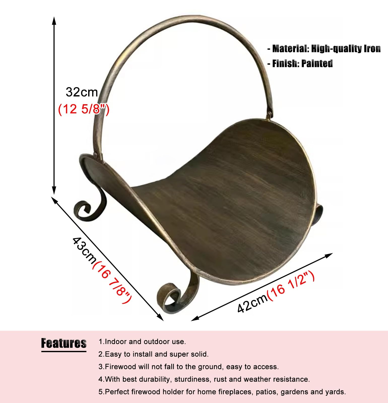 Portalegna in Metallo per Interni, portalegna in Ottone Nero per Soggiorno, Giardino, Campeggio, Piccolo portalegna per Camino, 16,5 x 16,9 x 12,6 Pollici