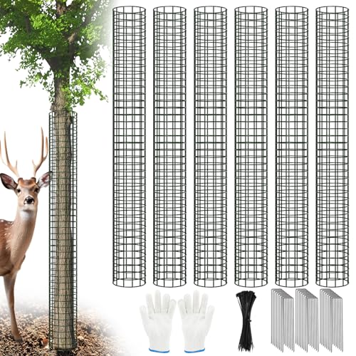 Aifanss Tree Trunk Protector 48 Inch Tall 6 Pcs Metal Mesh Tree Guards with Glove Stakes and Zip Ties Bark Guard Protector for Saplings Plants from Deer Animal Trimmers Mowers