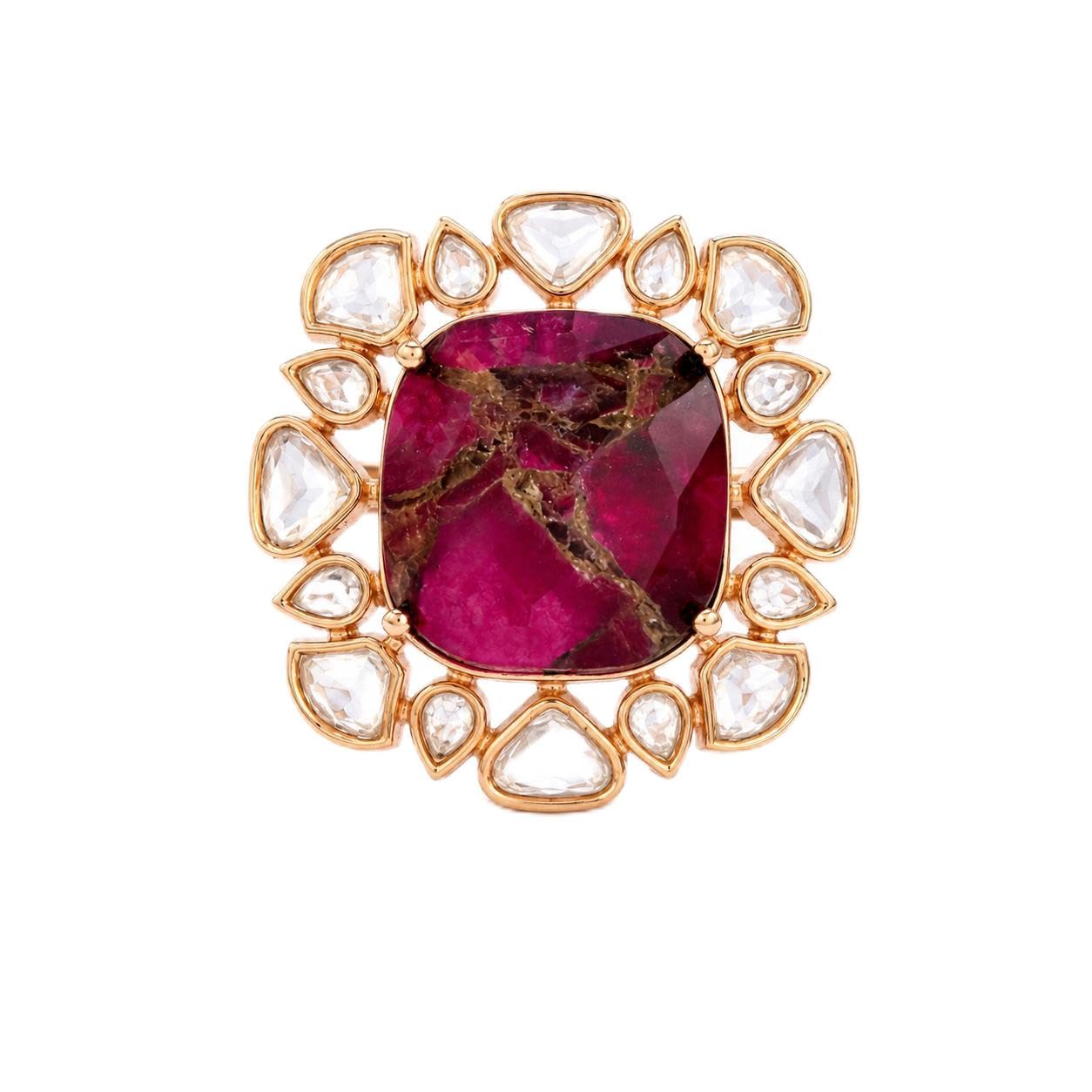 Crimson Bloom Statement Ring | Crimson Cushion Stone Floral Crystal Adjustable Cocktail Ring for Women-image-10