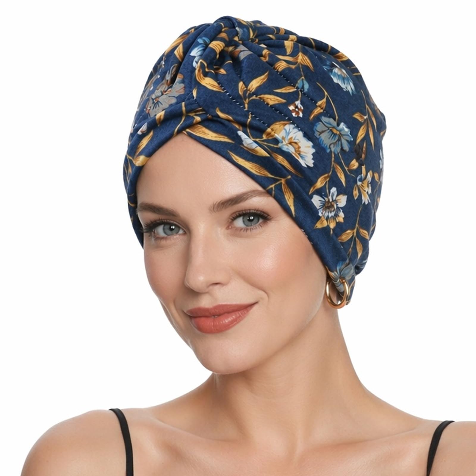 Merzio Womens Turban Pre Tied Head Wrap, Headwear for Hair Loss Soft Beanie Cap Leaf Print Style Headscarf Hair Cover Grey