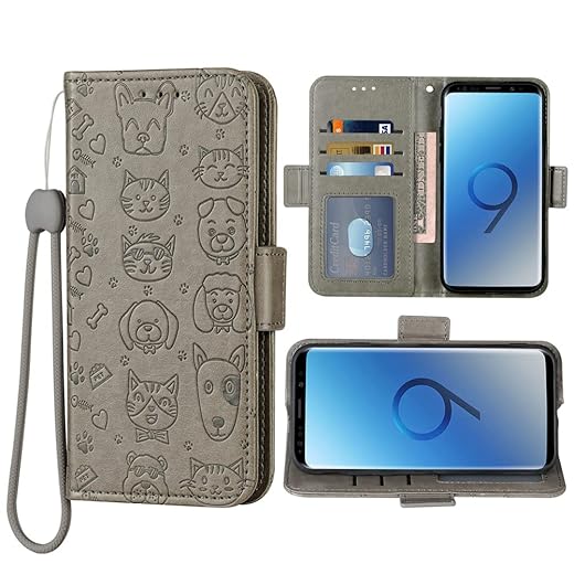 FDCWTSH Compatible with Samsung Galaxy on5 Wallet Case Wrist Strap Lanyard Leather Flip Cover Card Holder Stand Cell Accessories Folio Phone Cover for Glaxay ON 5 2015 SM G550T Women Men Card Grey