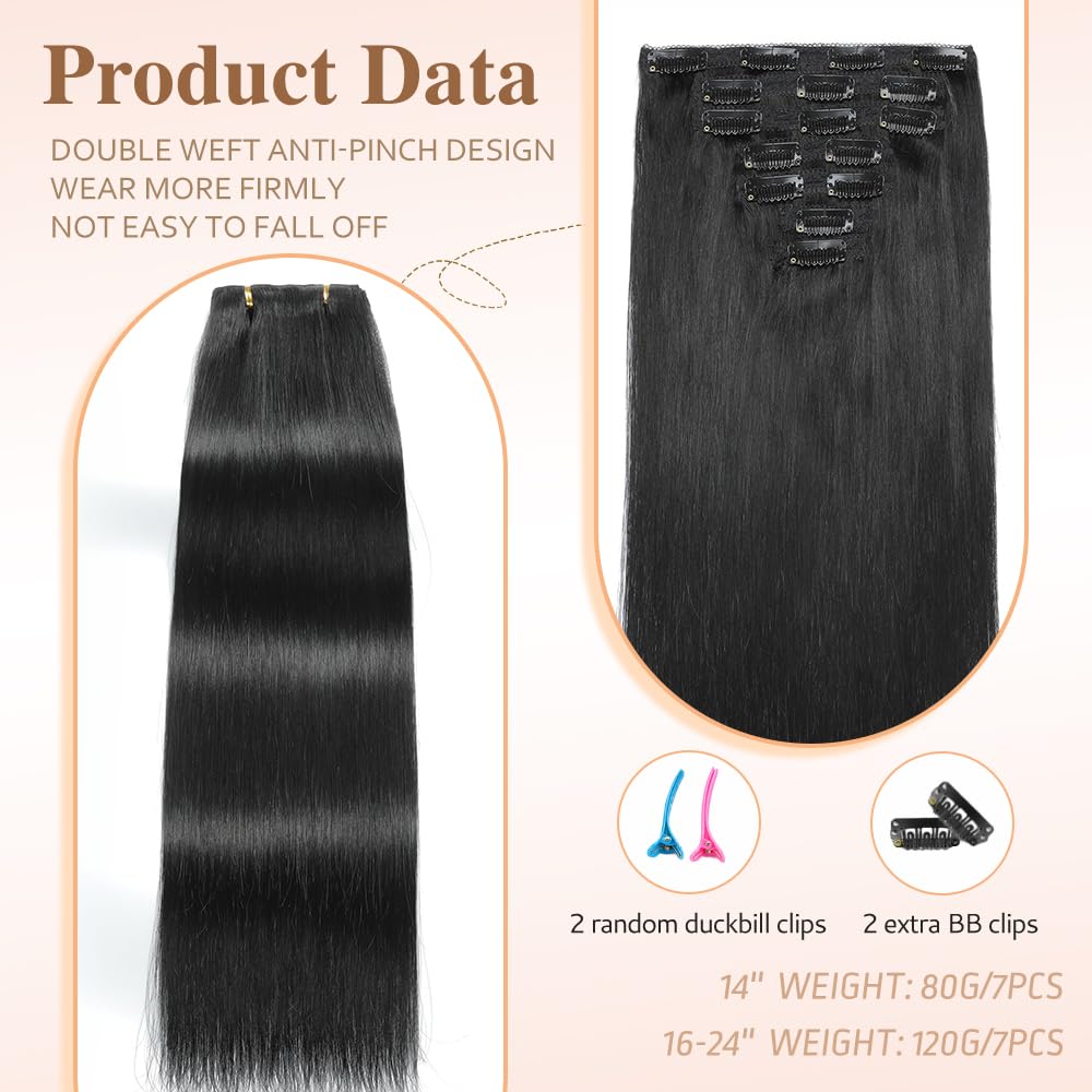 HotLulana Extension Capelli Veri Clip 7pcs 60cm 120g Nero Jet Extension Capelli Veri 24 Pollice Extension Capelli Clip Invisible Extension Clip Capelli Veri Human Hair Extension Clip 1#