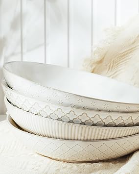 getstar Pasta Bowls, Large Salad Serving Bowls (9.2 inch/42 oz), Ceramic Bowl Plates Set of 4, Farmhouse Embossments, Microwave and Dishwasher Safe