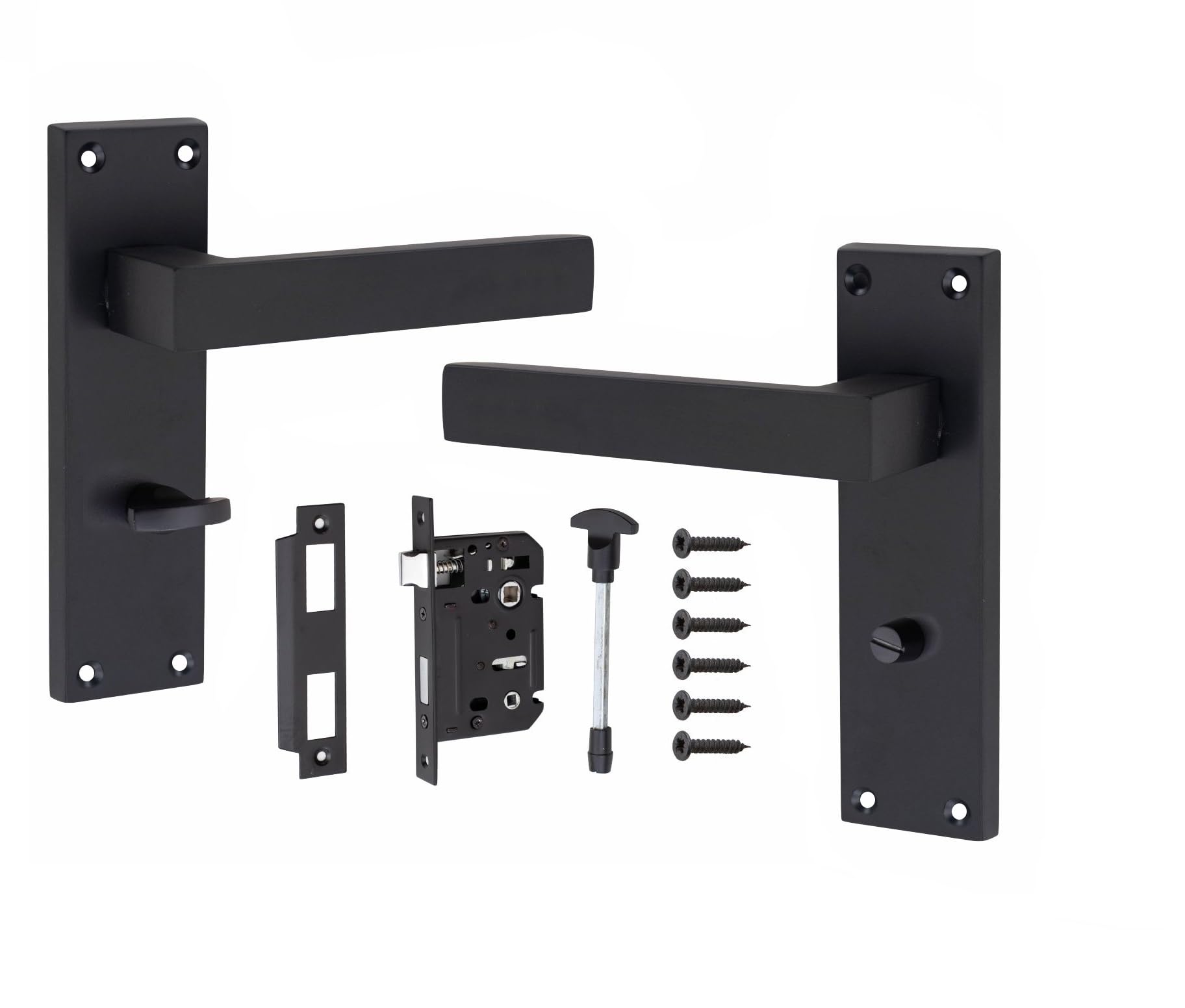 Golden Grace Victorian Straight Delta Door Handles Bathroom WC Toilet Complete in Matt Black with (GG) 64mm Bathroom Mortise Lock - 150mm x 40mm Backplate