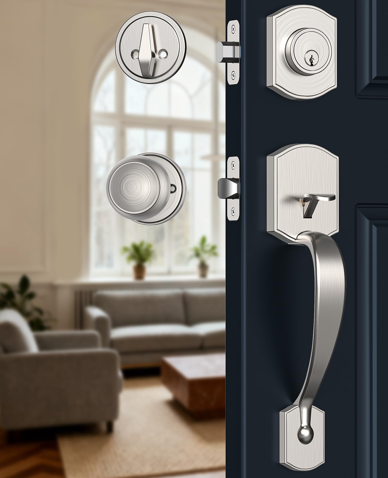 Satin Nickel Front Door Handle and Deadbolt Set with Classic Knob