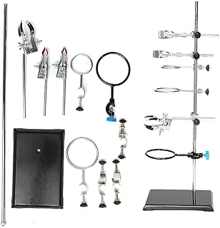 Lab Stand Set - Iron Laboratory Support Metal Stand Holder with 9 Clips for Holding Pistons/Condenser Tube 135 210 600mm (Silver & Black)