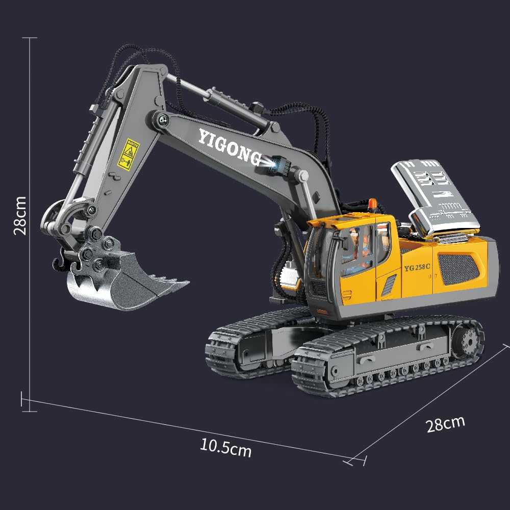 1/20 Excavadora teledirigida de juguete para niños a partir de 6-12 años, niños y niñas, excavadora RC de 11 canales con pala de metal, giro de 680°, luces y efectos de sonido