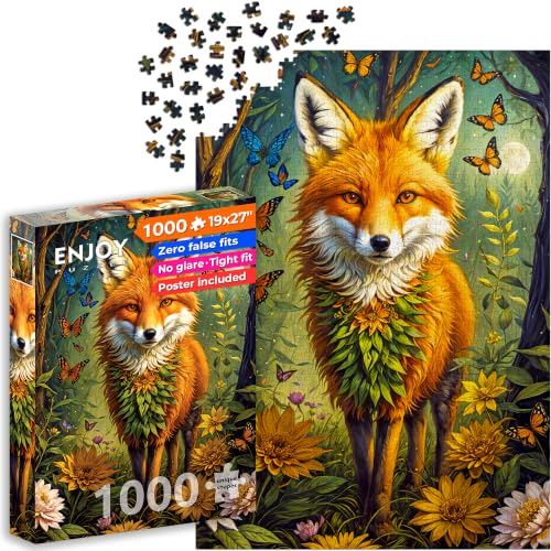 Rompecabezas de 1000 piezas para adultos - Zorro mágico en bosque floral - acabado mate anti-reflejo, 27x19 pulgadas, desafiante, regalo único para mujeres y amantes de puzzles | ENJOY Puzzle