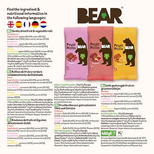 BEAR Fruchtrollen Mixbox I 100% Natürliche Inhaltsstoffe I Ohne Zusatz von Zucker I Gesunder Snack für Kinder & Erwachsene I 24 Beutel x 20g I 480g