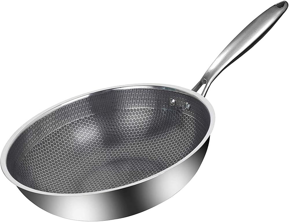 Stainless Steel Wok, round bottom non-stick honeycomb wok with anti-scalding handle, suitable for family restaurant cooking pots on all stoves, 32cm/12.5in