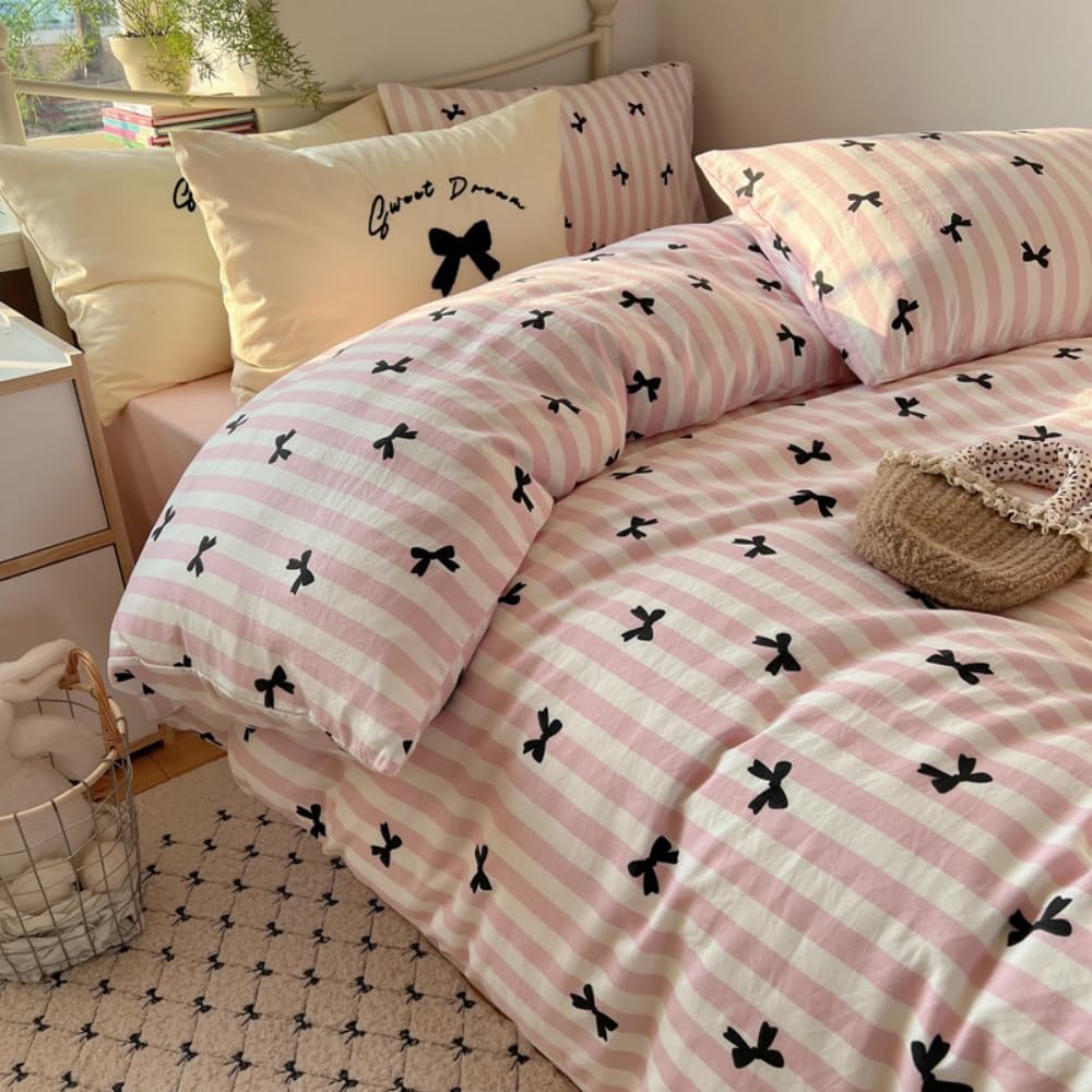 Covebett Duvet Cover Double Pink White Striped and Black Bows Pattern Kawaii Bedding Set Kids Girls Aesthetic Microfiber Comforter Quilt Cover 200x200 cm with Zipper Closure and 2 Pillowcases 50x75cm โ image 1