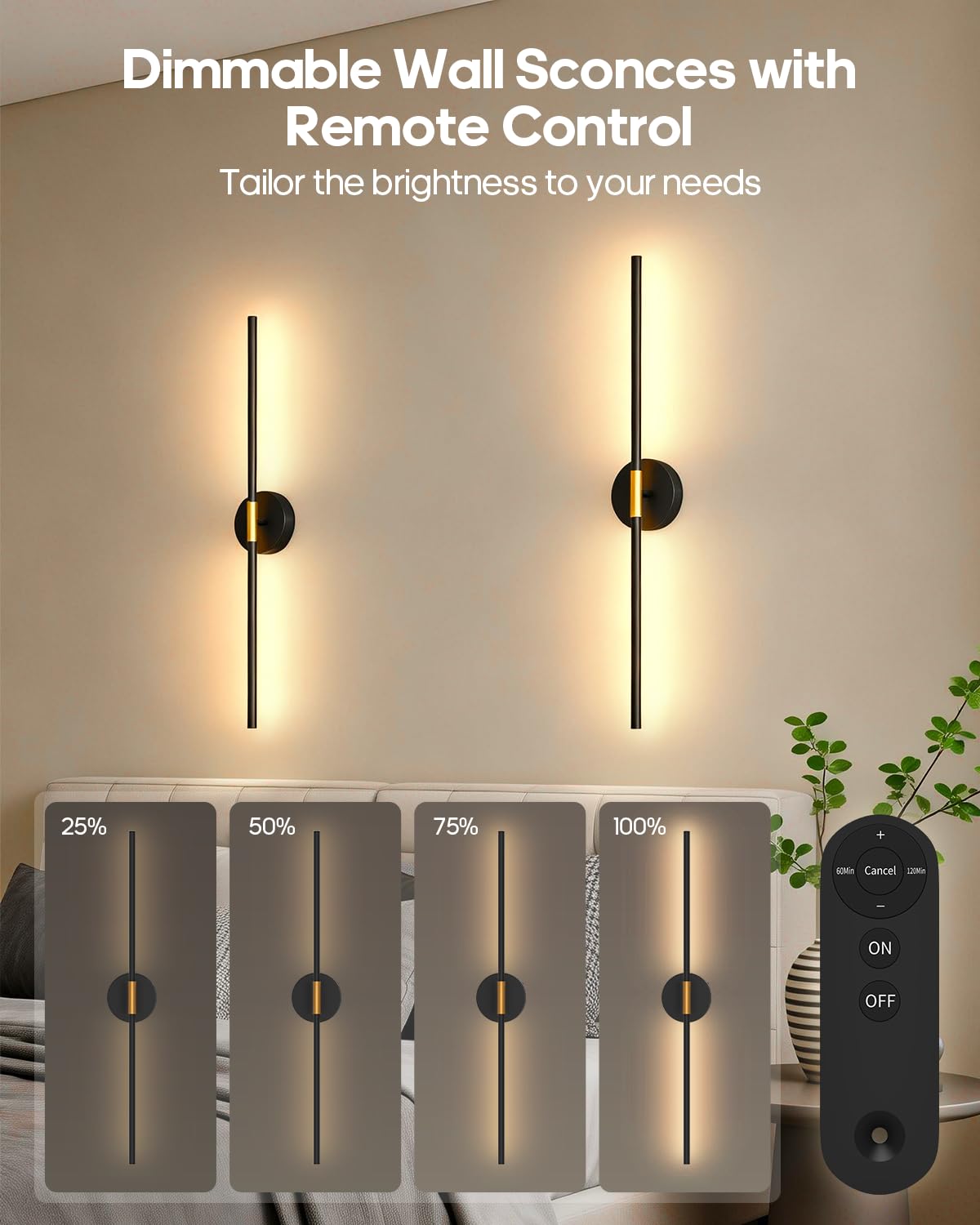 GOODEA 72cm Aufladbare LED Wandleuchte Akku ohne Strom ohne Bohren 2er-Set | 350° drehbare Kabellose Wandlampe Innen mit Fernbedienung & Timer, dimmbares Warmweiß für Schlafzimmer, Wohnzimmer, Esszimmer