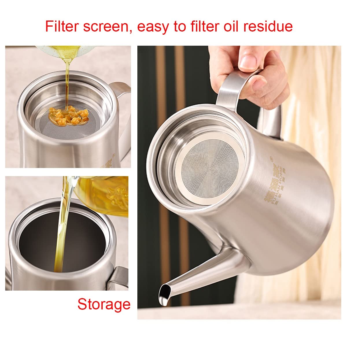 Dispenser per olio d'oliva con coperchio antipolvere, ampolla per aceto in acciaio inox con filtro e beccuccio antigoccia per cucinare e servire comodamente