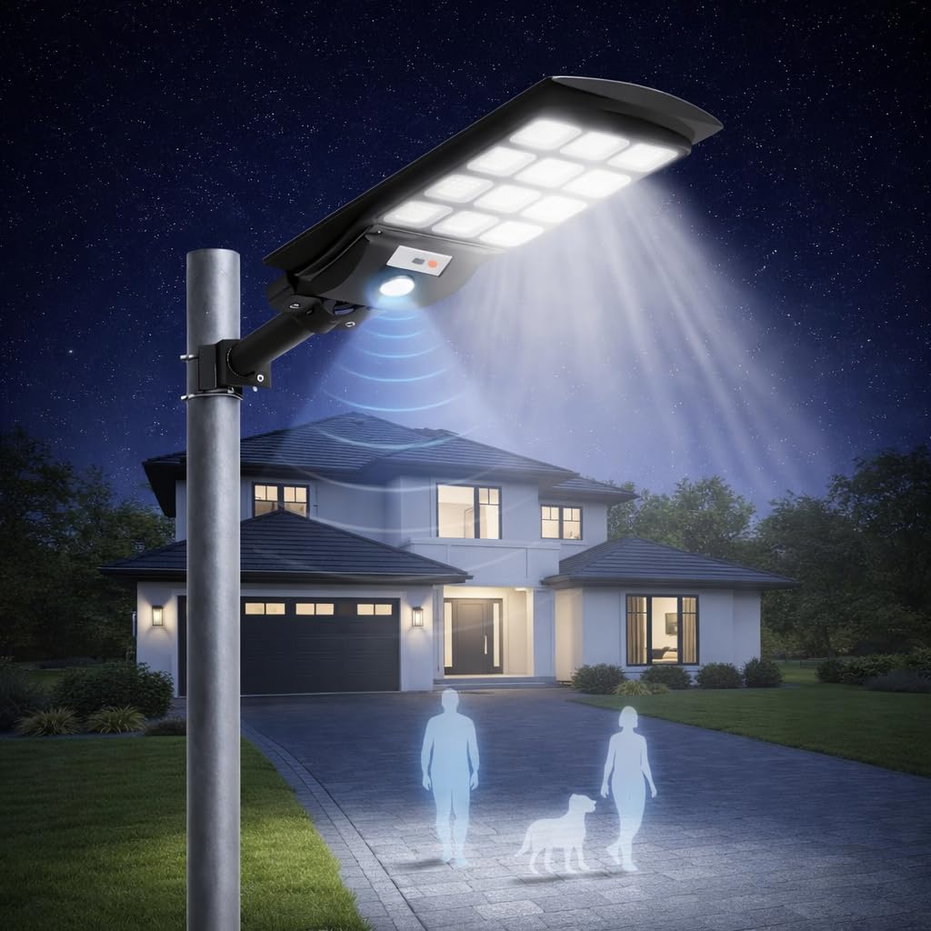 Generico Lampione Solare 800W con 360 LED, Sensore di Movimento Radar, IP67 Impermeabile, Telecomando, Timer Crepuscolare, Ricarica Solare Rapida per Giardino