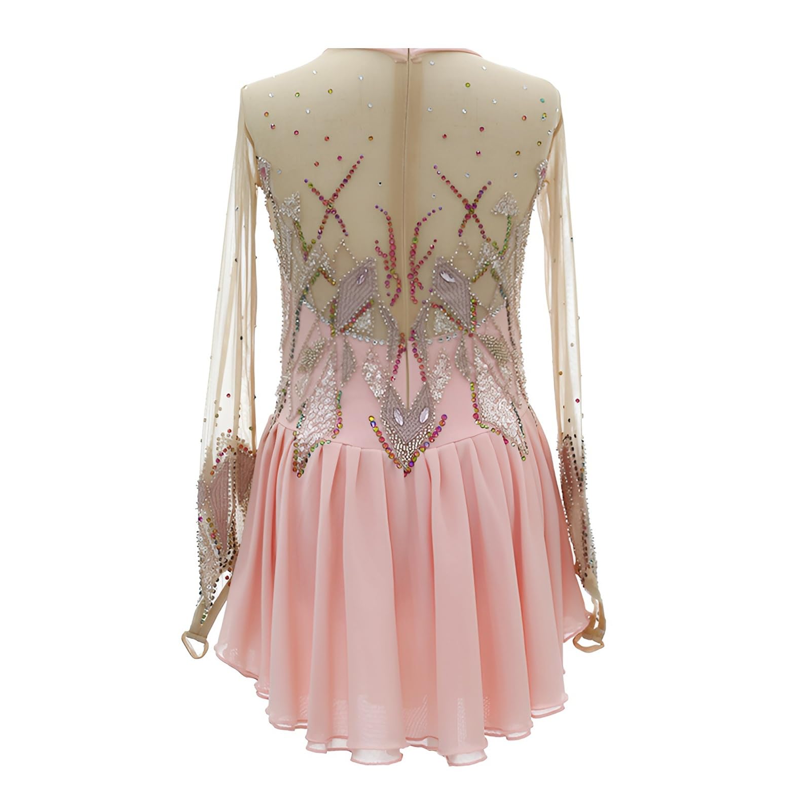 Girl's Elegant Figure Skating Dress, Women's Long Sleeve Ice Skating Dresses for Competition, Team Uniforms(4X-Large) Pink