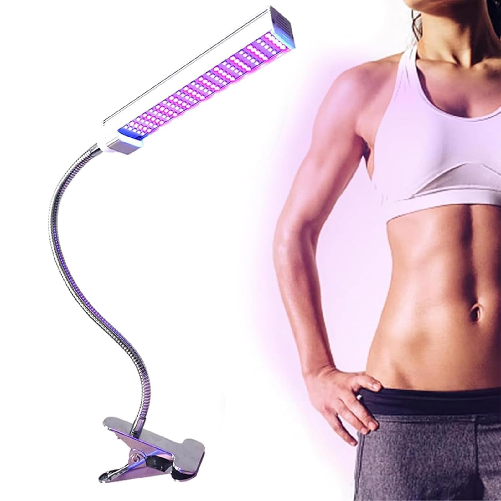 Lampa do opalania LED z klipsem, obrotowe światło do opalania o 360° z podstawą z klipsem i konstrukcją timera, obszar napromieniowania 60 x 30 cm i efektywna odległość ≤ 30 cm, do twarzy i ciała.