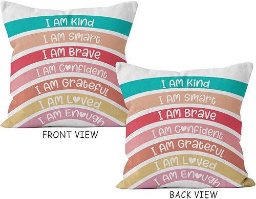 Miniatura 2 de HIWX Fundas de almohada de 18 x 18 pulgadas, diseño de arcoíris con texto en inglés "I am Kind I am Smart I am Brave Affirmations", reversible,