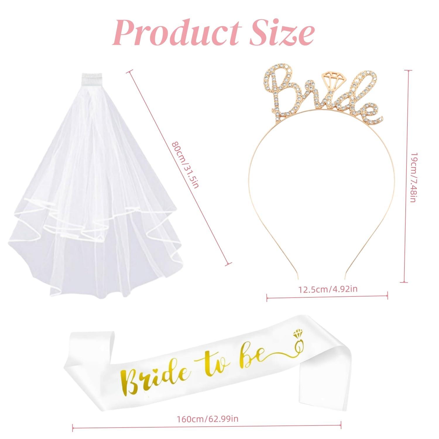 3 Pcs Bride to Be Sash, Tiara Rhinestone Headband & Shoulder-Length Veil with Comb for Bachelorette Party, Bridal Shower, Wedding Gifts & Favors (Gold) - Image 2