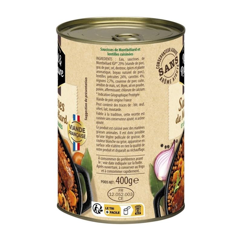 Délicieuses Saucisses de Montbéliard et Lentilles en Conserve 400g Raynal et Roquelaure - Saveurs Maison - Repas Prêt-à-MangerAutowired - Le Lot De 3