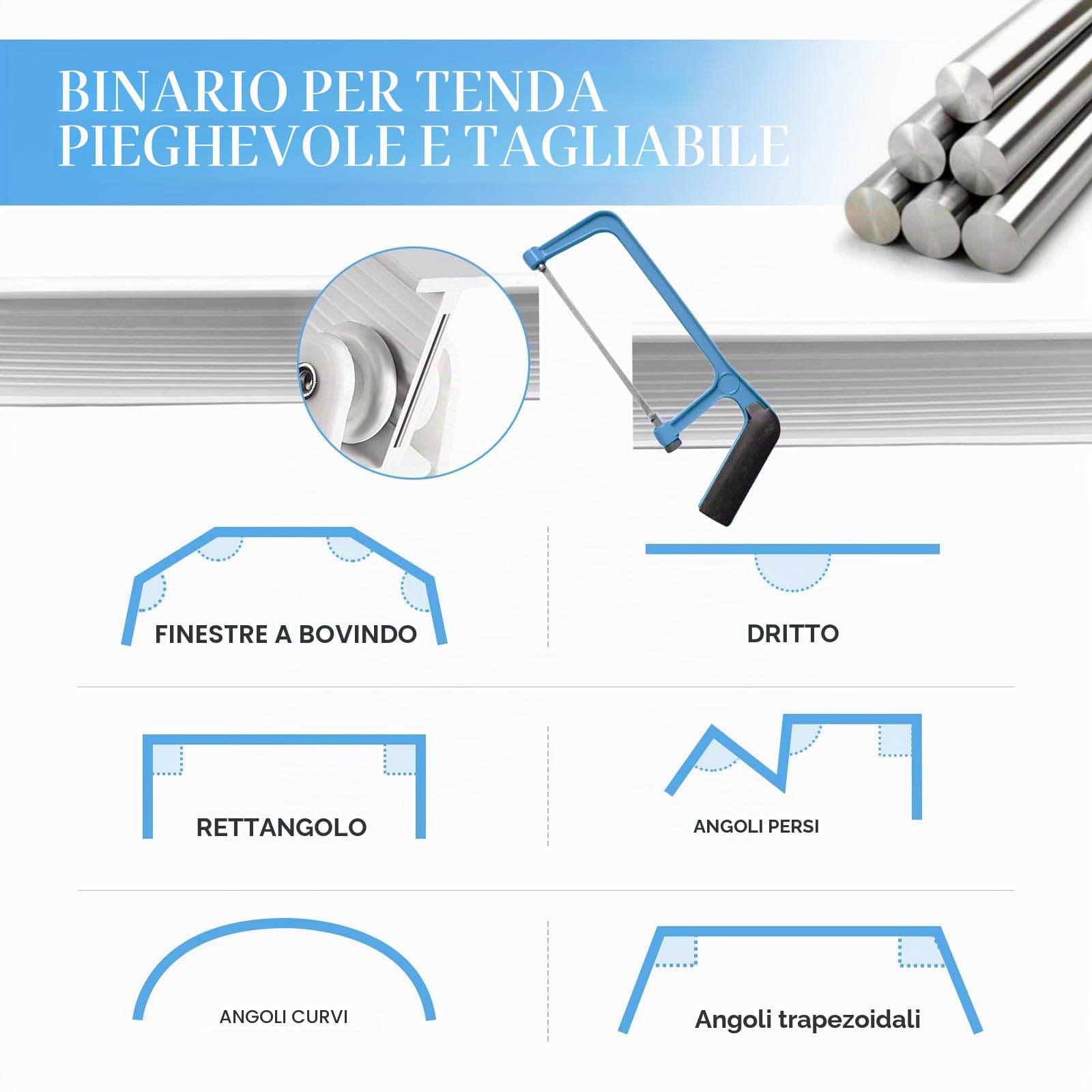 Binario per tenda da soffitto, flessibile, pieghevole, 3 metri, binario per tende curvo, sistema di montaggio a parete per divisorio, finestra a bovindo