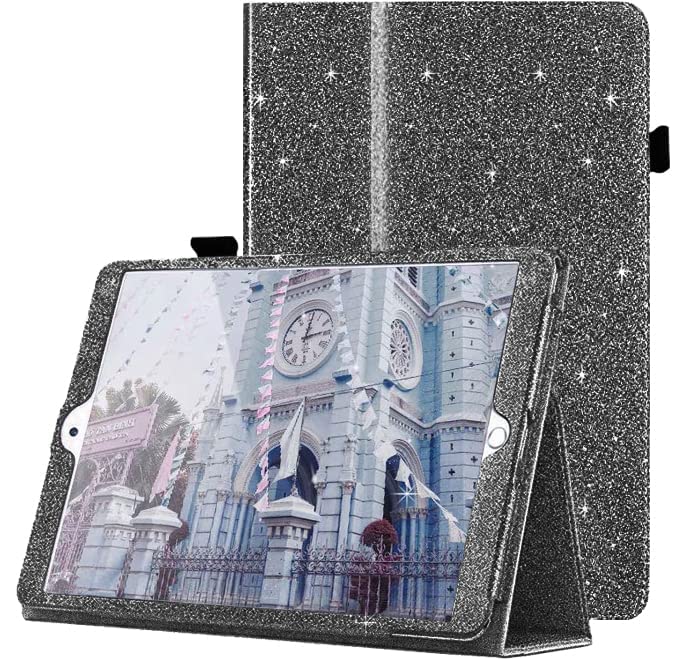 CASZONEiPad 10.2 9th/8th/7th Generation Glitter Case with Pencil Holder,New iPad 10.2 Case 2021/2020/2019,iPad 10.2 9th Generation PU Leather Bling Case for Girl,Auto Wake/Sleep,Black