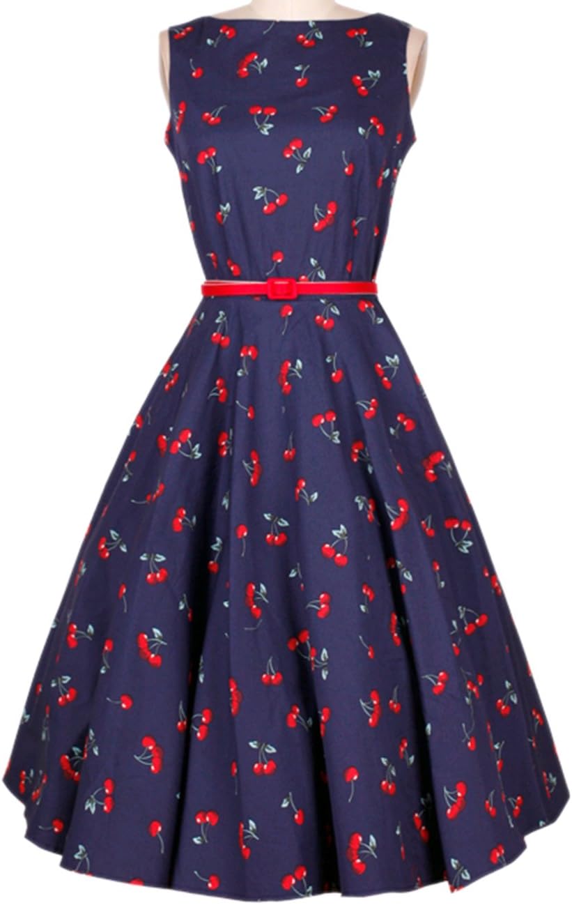 RAISEVERN Women's Vintage Cherry Print Sleeveless Bridesmaid Dress With Belt