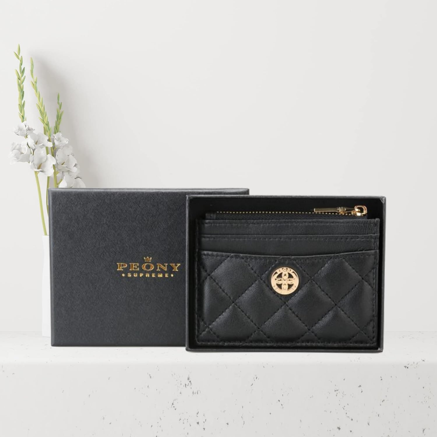 Luxury Black Quilted Leather Card Case with Snap Hook and Key Ring Holder Credit Small Wallet Compact Business Money Organizer Gift for Women Girl