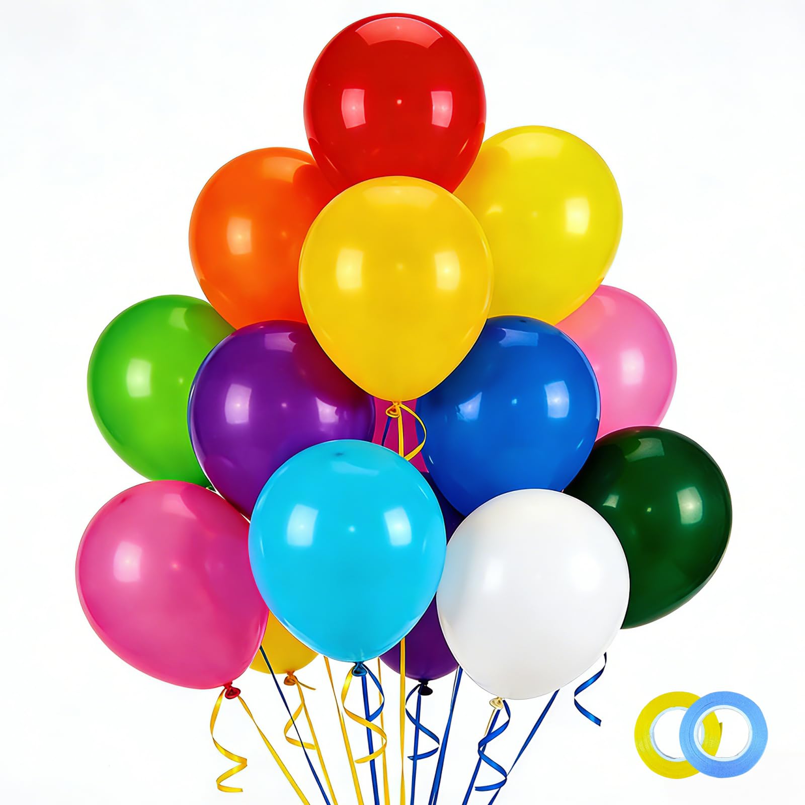100 Stück Latex Ballons, 30cm, Mehrfarbig (10 Farben), Party Dekoration Set für Geburtstag, Hochzeit, Babyparty, mit Kringelband und Klebepunkten