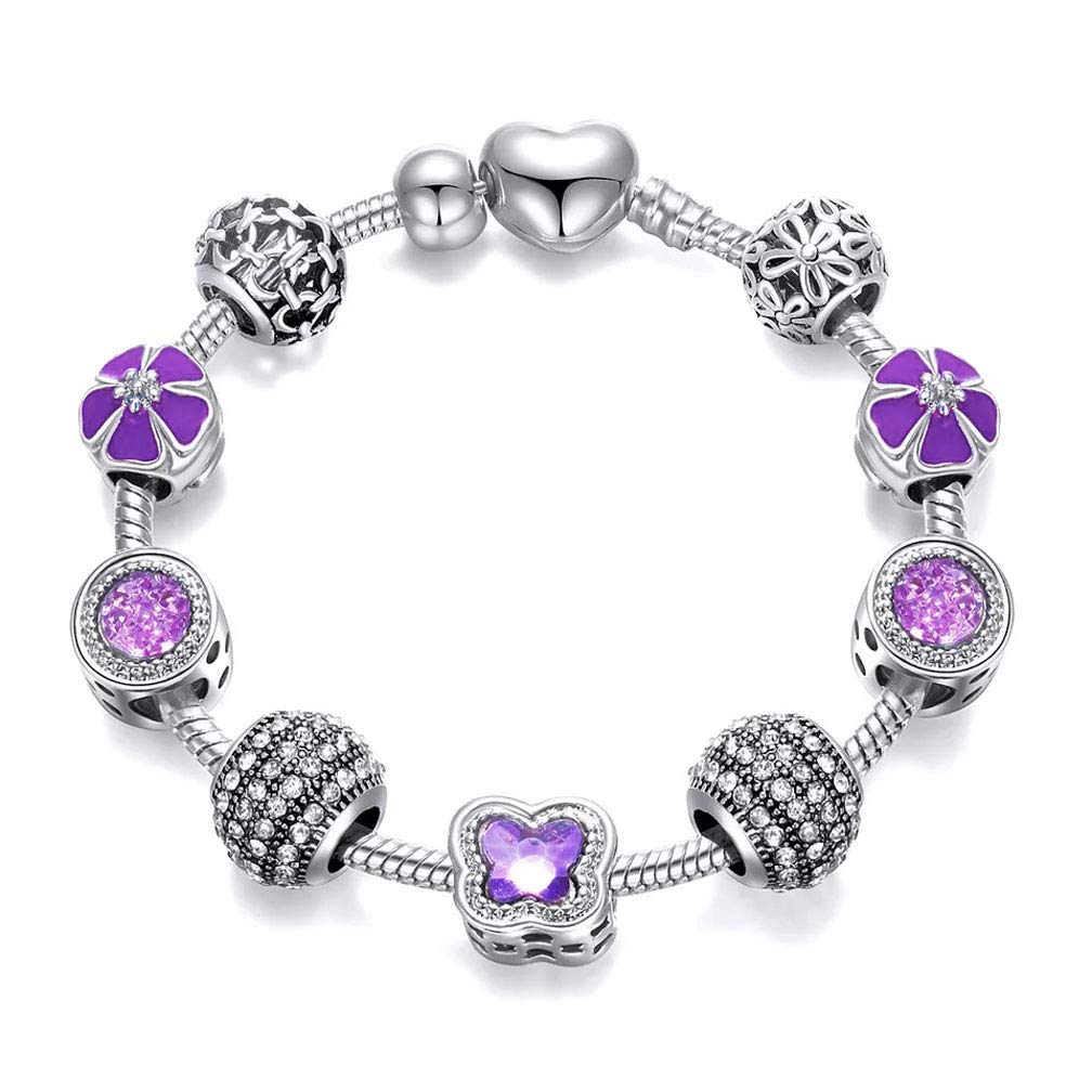 FlydancingButterfly-shaped Crystal Beads Silver Plated Charm Bracelet for Women Girls - Birthday Valentines Gift