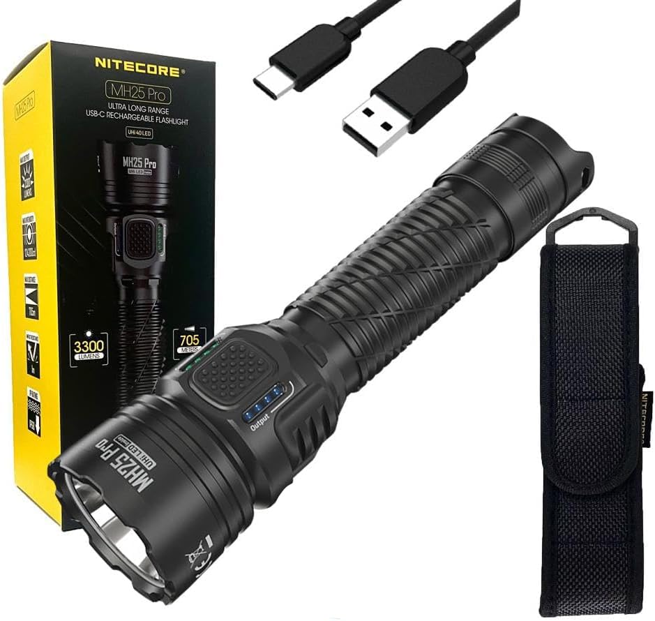 Nitecore MH25 PRO Long Throw Rechargeable Flashlight -3300 lumens, 771 Yard w/Eco-Sensa USB C Rechargeable Cable