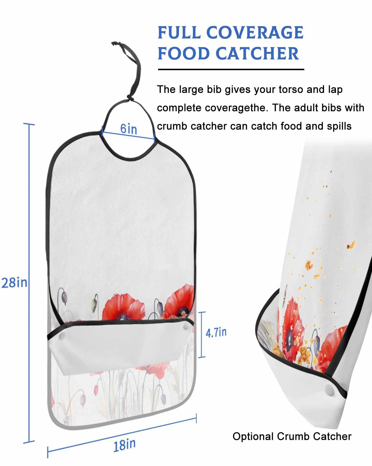 Red Flower Watercolor Adult Bib for Adults Men, Women, Spring Botanical Plant Modern White Washable & Adjustable Terry Cloth Bib with Crumb Catcher Reusable Waterproof Clothing Clothes Protector Apron