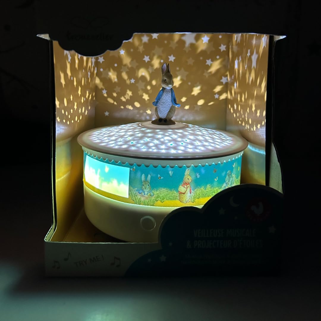 Trousselier - Lampka nocna - Gwiazdy Projektor Kamień Królik © 14 Cm - Muzyczne - Wykrywanie Płaczu - Akumulator USB