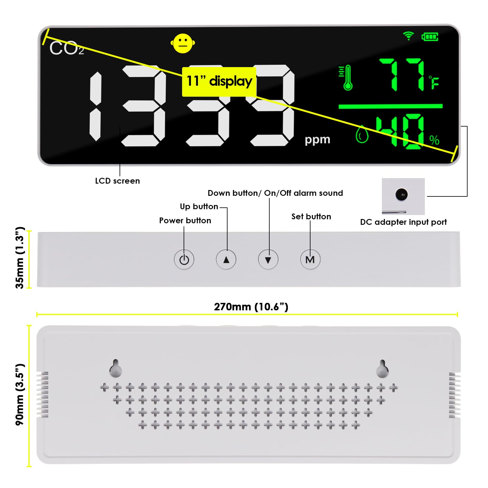 Détecteur CO2 WiFi Moniteur Qualité Air Écran LED 28cm - Température Humidité Maison Bureau
