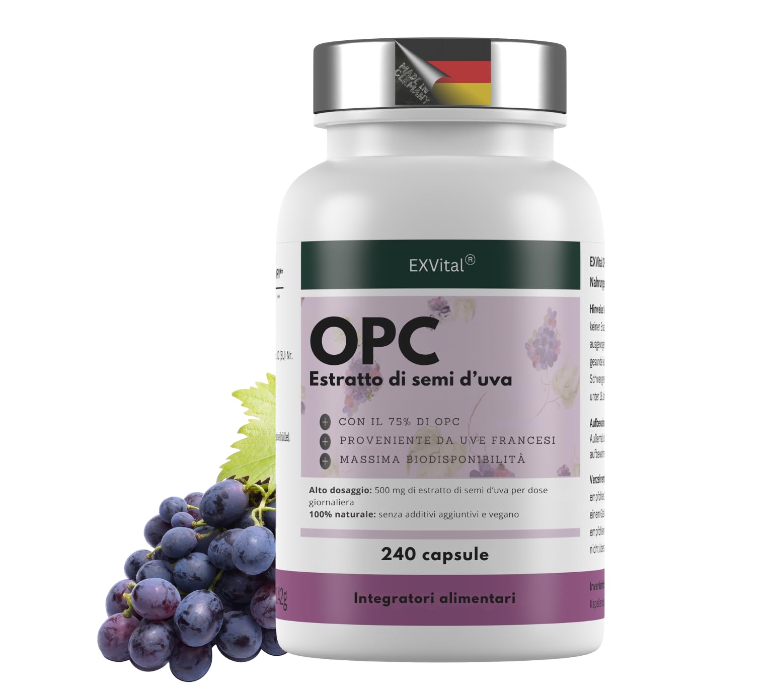 EXVital® OPC Estratto di semi d'uva - 240 capsule - dosaggio elevato con 500 mg per capsula - da uve francesi - testato in laboratorio e vegano
