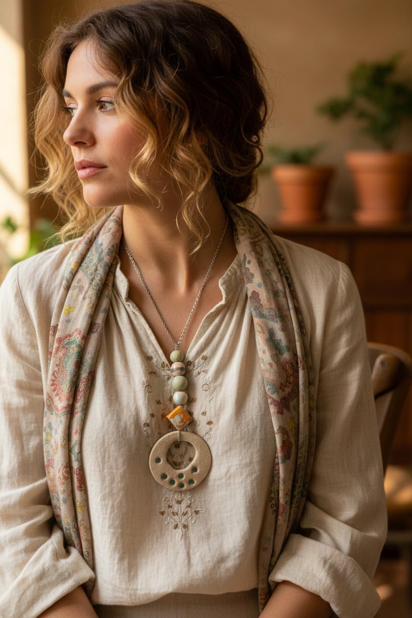 Collar con Colgante Grande para Todos Los Días Boho para Mujer, Joyería De Cerámica Gruesa De Declaración De Moda