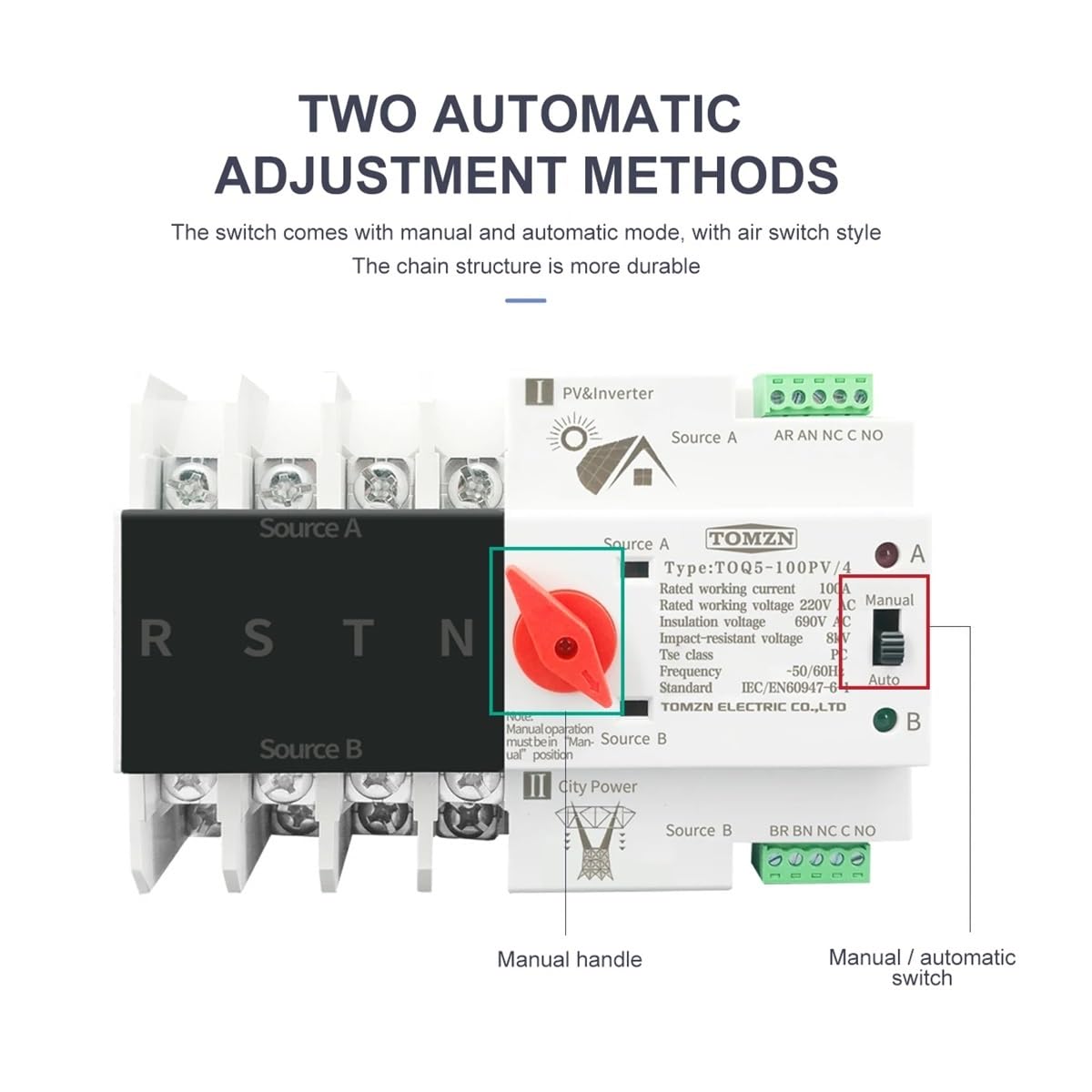 Disyuntores 4p 3 Fase 4 Wire DIN Rail ATS for Pavo Y el inversor Dual Power Selector automático de Transferencia Interruptores sin interrupciones 6 3a 100a 125a Diferencial Rearmable(100A)