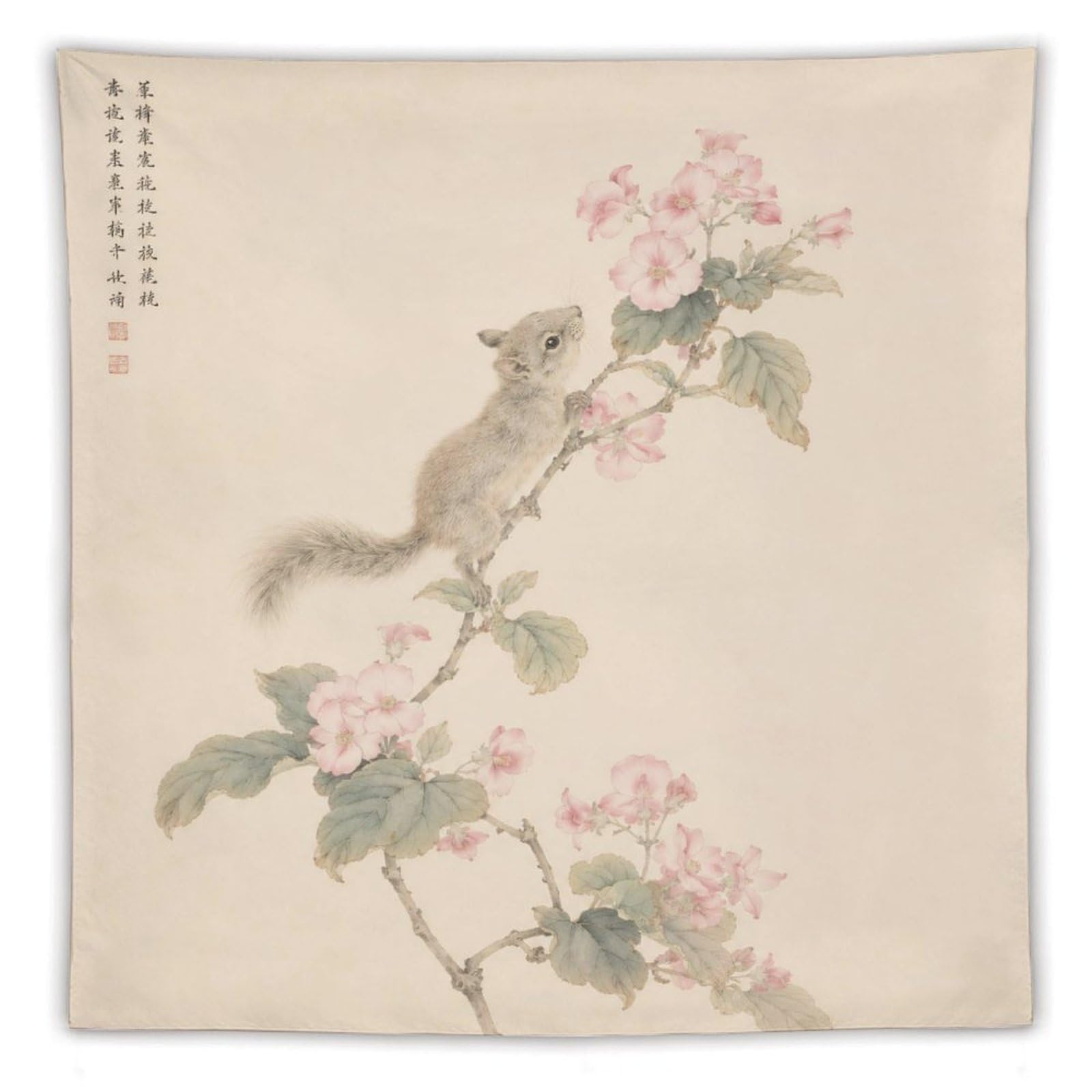 H3B8U2Y5 Mouse on Blossom Branch Wall Tapestry, Asian Ink, Asian Ink
