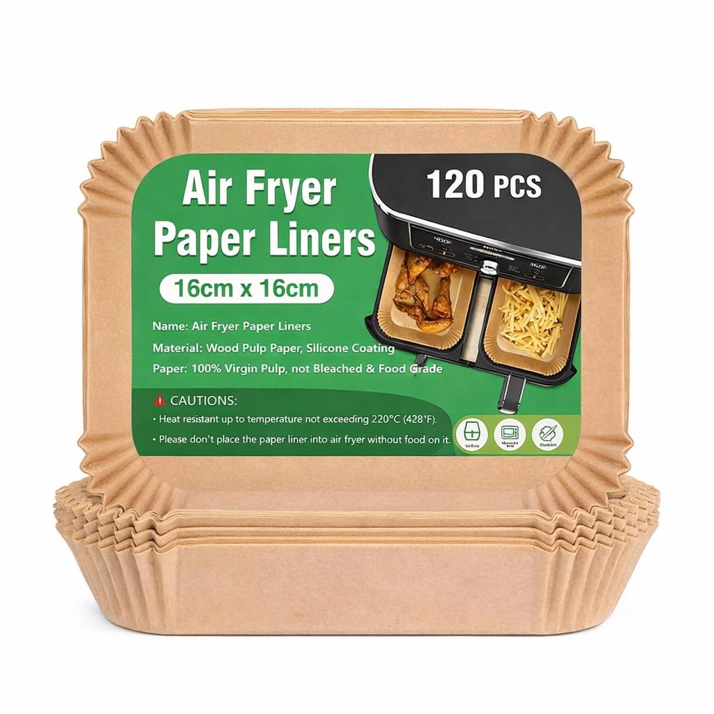 Modernique Air Fryer Paper Liners 120 PCS Square Disposable Liners, 16cm x 16cm x 4.5cm Inner Fit for COSORI, Ninja, Tower Air Fryers - Pack of 120