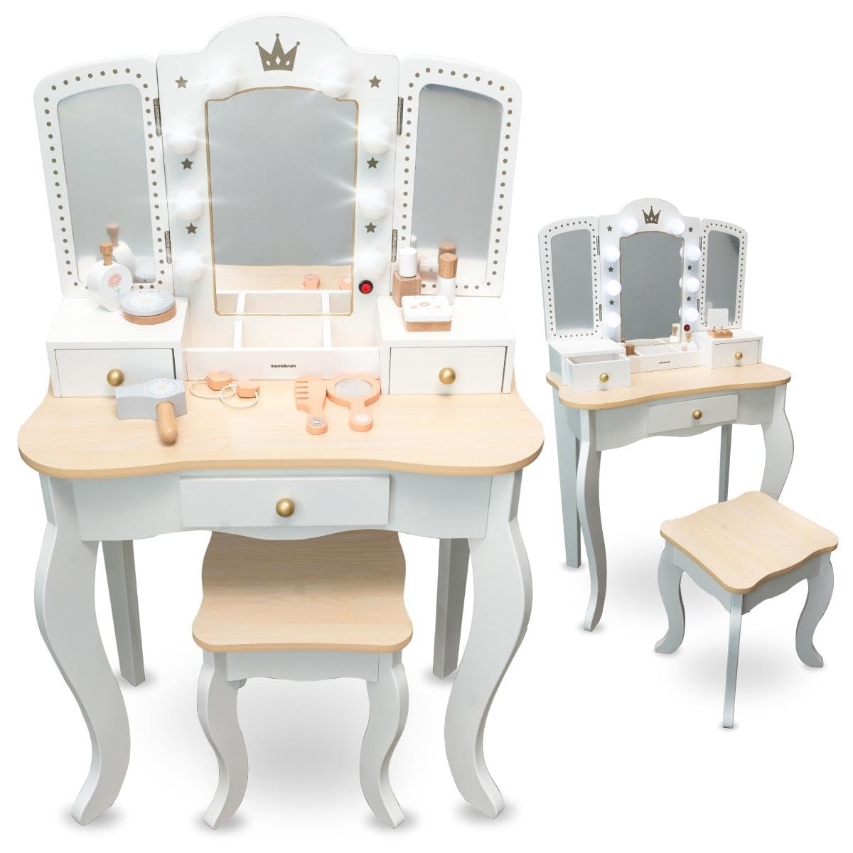 Mamabrum Coiffeuse en Bois pour Enfants 3+, XXL avec Tabouret et éclairage LED, Miroir à 3 Ailes, Grand tiroir, Accessoires, Maquillage de rôle, Structure Solide, Transformable en Bureau