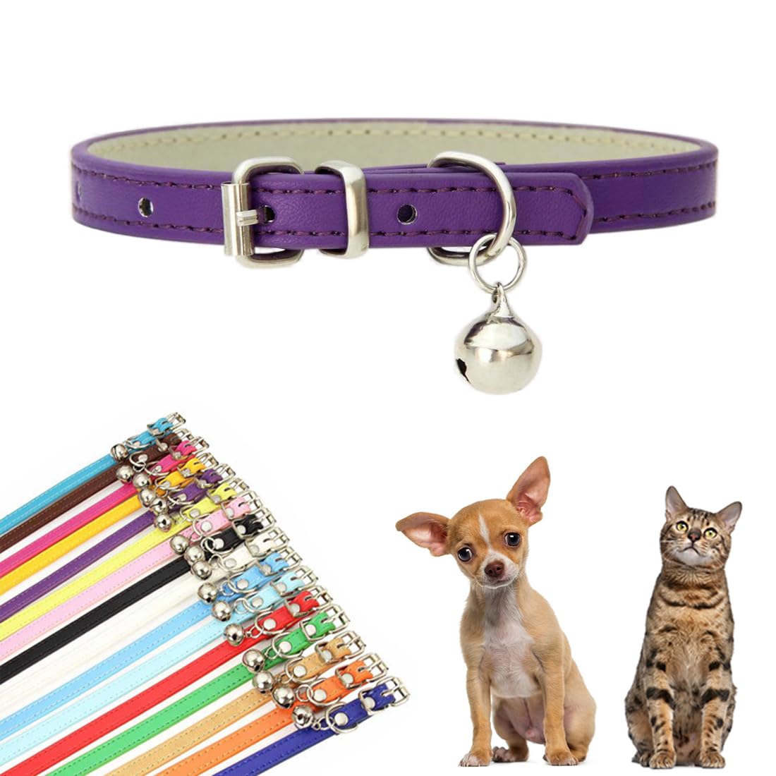 Purple Small Dog Bell Collar, Faux Leather Puppy Collar with Bells Pu Basic Boy Dog Collars for XXS XSmall Small Medium Pet Male Dogs Little Cats Tiny