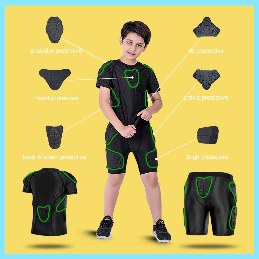 Niños Deportes Camiseta Protectora Acolchada y Pantalones Cortos Hombro Costilla Cuello Protector de Cadera Traje para fútbol Rugby Baloncesto Esquí Snowboard Patinaje Contacto Deportes
