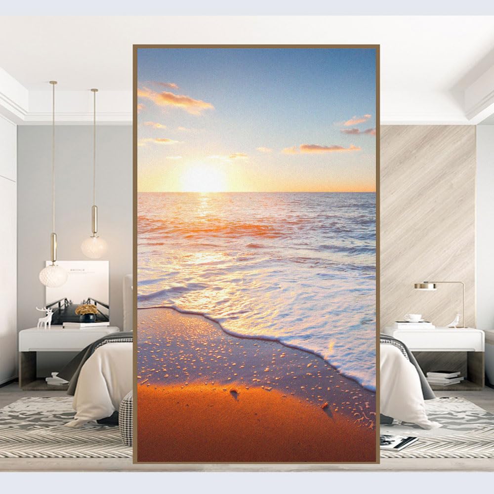 Sea Beach Landscape Pattern Privacy Window Film Heat Control UV Blocking Window Glass Film Static Cling Decorative Frosted Window Sticker(40x160cm)